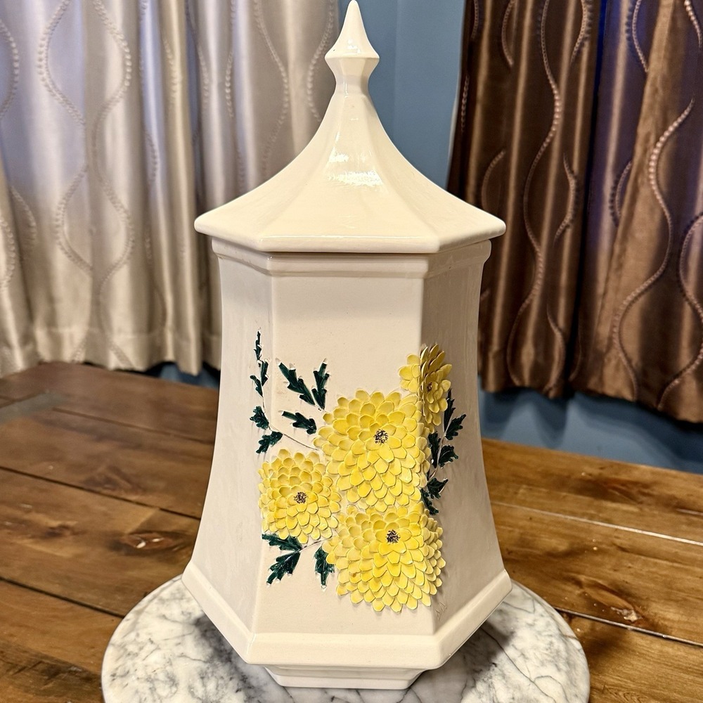 VTG 60s MCM Pagoda Yellow 3D Chrysanthemum Cookie Jar Floral Canister Urn Lid